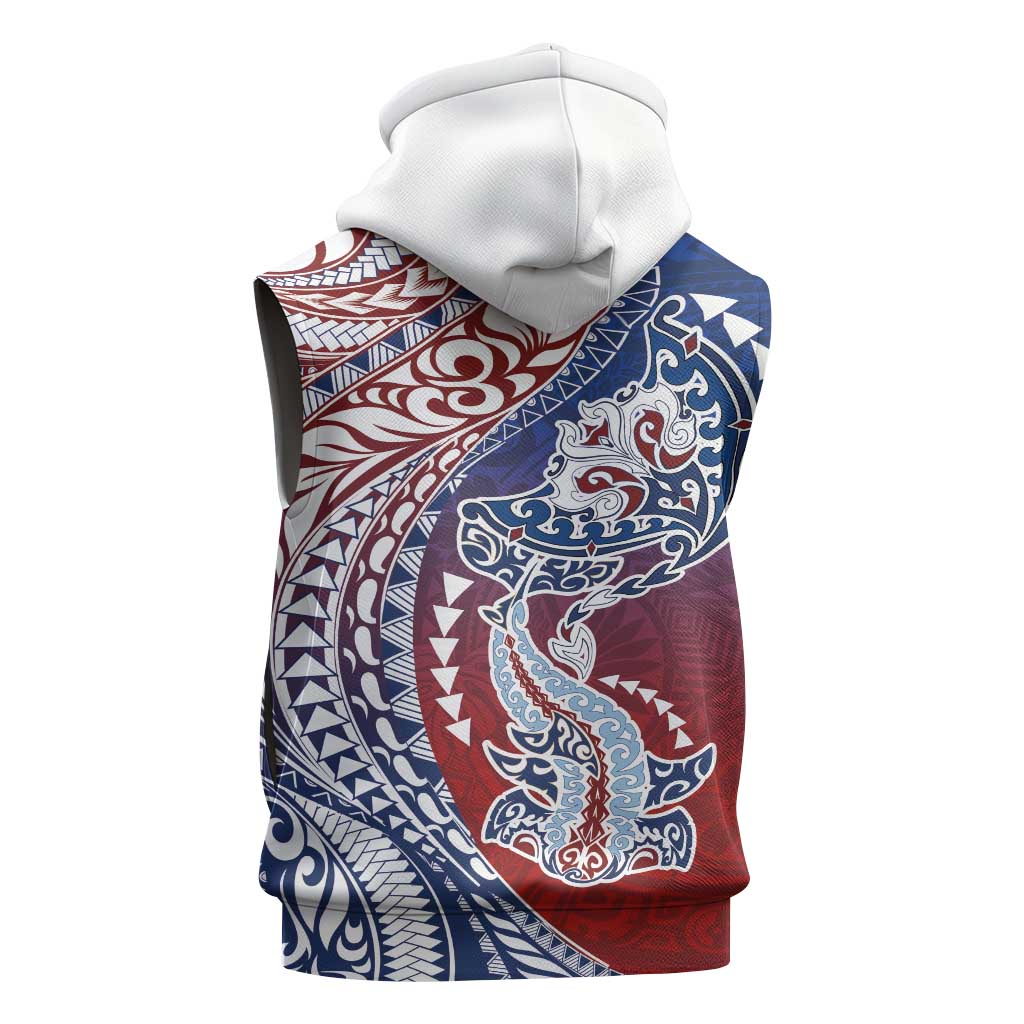 Hawaiian Manta Ray and Hammerhead Shark Tribal Tattoo Sleeveless Hoodie with Polynesian Tribal Pattern Hawaii Flag Color
