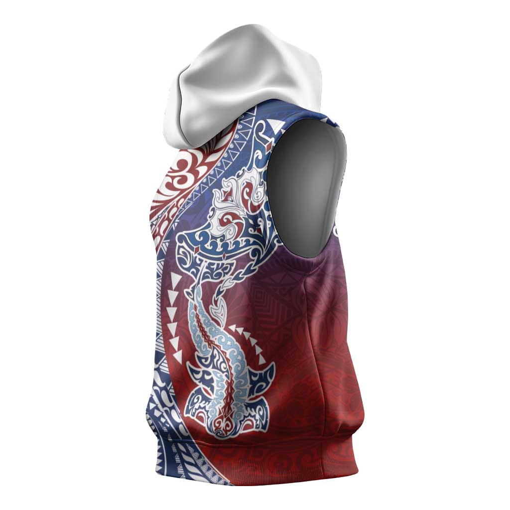 Hawaiian Manta Ray and Hammerhead Shark Tribal Tattoo Sleeveless Hoodie with Polynesian Tribal Pattern Hawaii Flag Color
