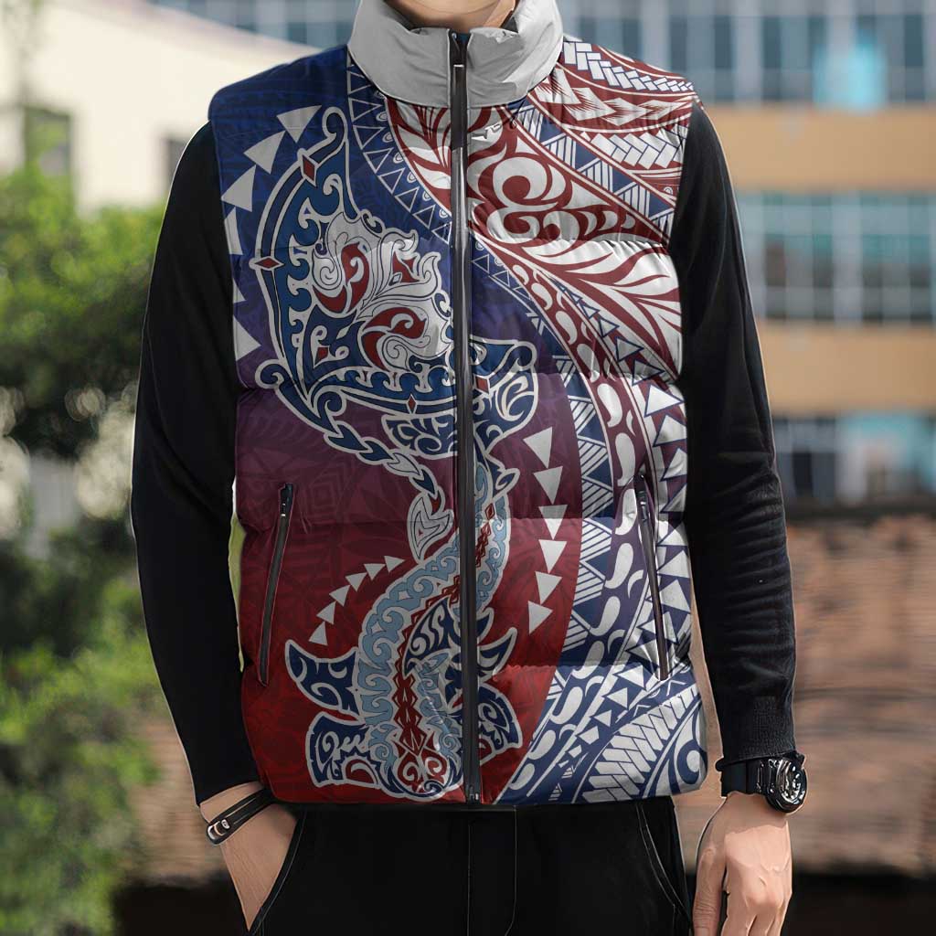 Hawaiian Manta Ray and Hammerhead Shark Tribal Tattoo Sleeveless Puffer Jacket with Polynesian Tribal Pattern Hawaii Flag Color