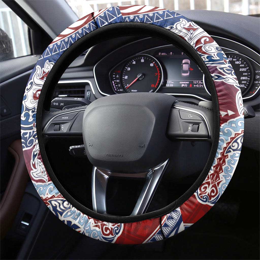 Hawaiian Manta Ray and Hammerhead Shark Tribal Tattoo Steering Wheel Cover with Polynesian Tribal Pattern Hawaii Flag Color