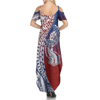 Hawaiian Manta Ray and Hammerhead Shark Tribal Tattoo Summer Maxi Dress with Polynesian Tribal Pattern Hawaii Flag Color