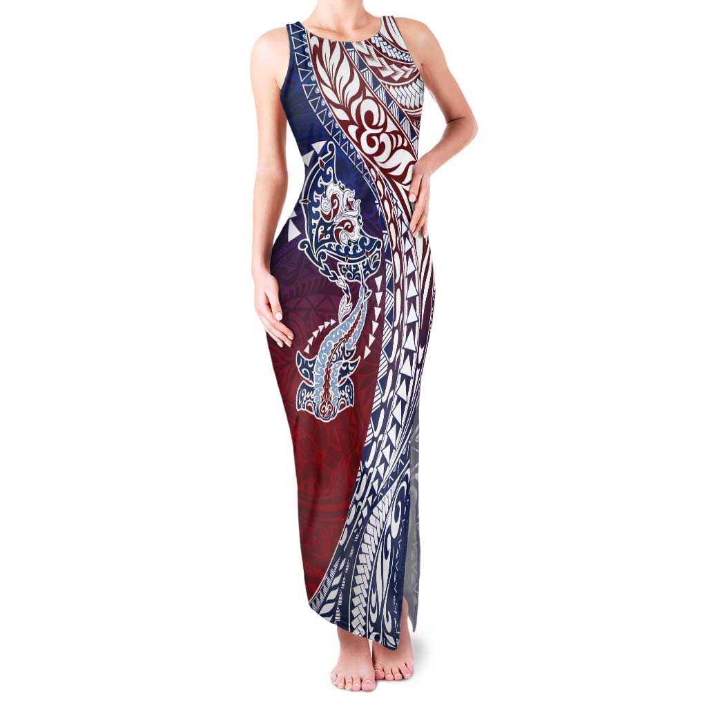 Hawaiian Manta Ray and Hammerhead Shark Tribal Tattoo Tank Maxi Dress with Polynesian Tribal Pattern Hawaii Flag Color