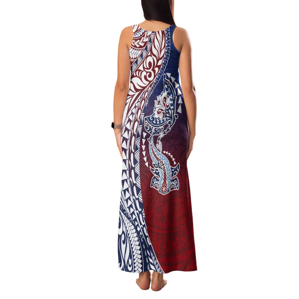 Hawaiian Manta Ray and Hammerhead Shark Tribal Tattoo Tank Maxi Dress with Polynesian Tribal Pattern Hawaii Flag Color