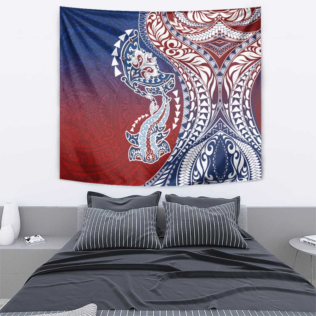 Hawaiian Manta Ray and Hammerhead Shark Tribal Tattoo Tapestry with Polynesian Tribal Pattern Hawaii Flag Color
