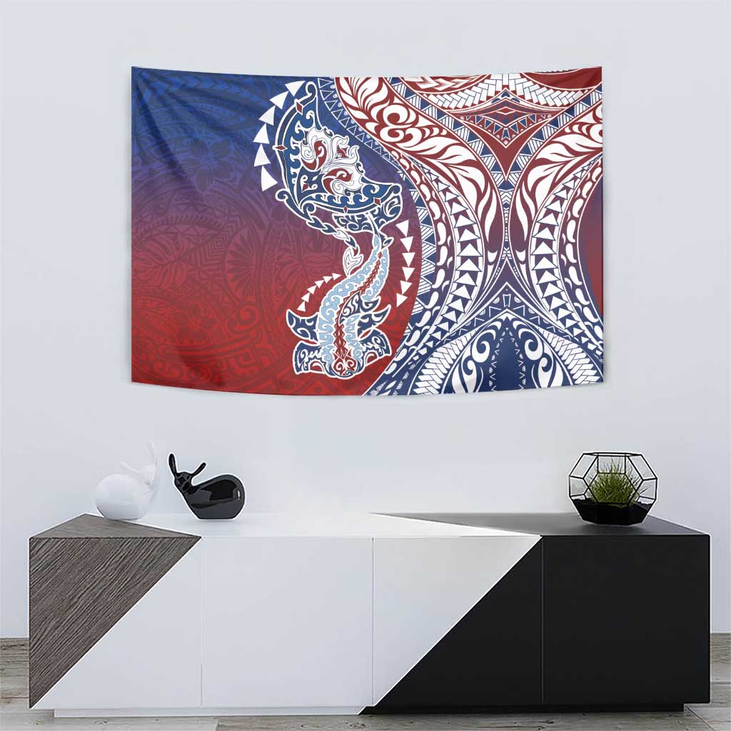 Hawaiian Manta Ray and Hammerhead Shark Tribal Tattoo Tapestry with Polynesian Tribal Pattern Hawaii Flag Color