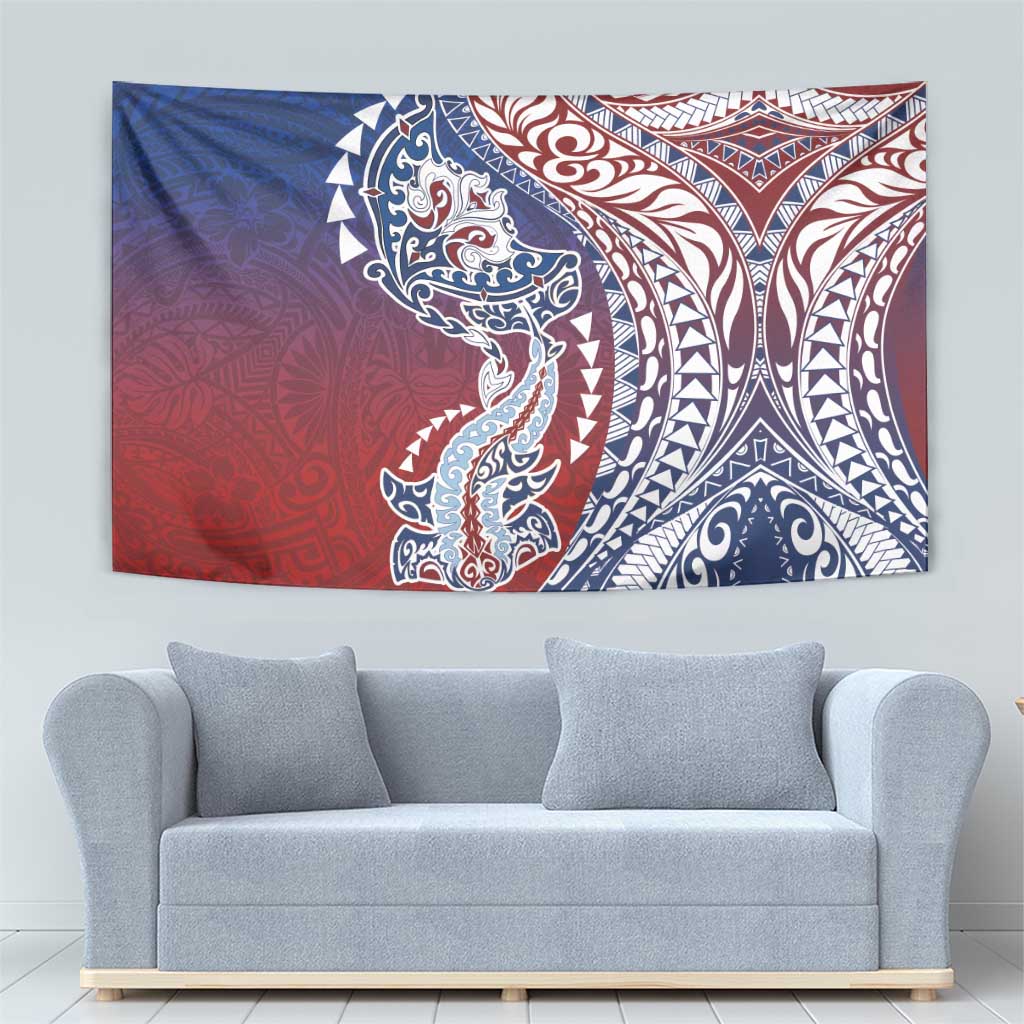 Hawaiian Manta Ray and Hammerhead Shark Tribal Tattoo Tapestry with Polynesian Tribal Pattern Hawaii Flag Color