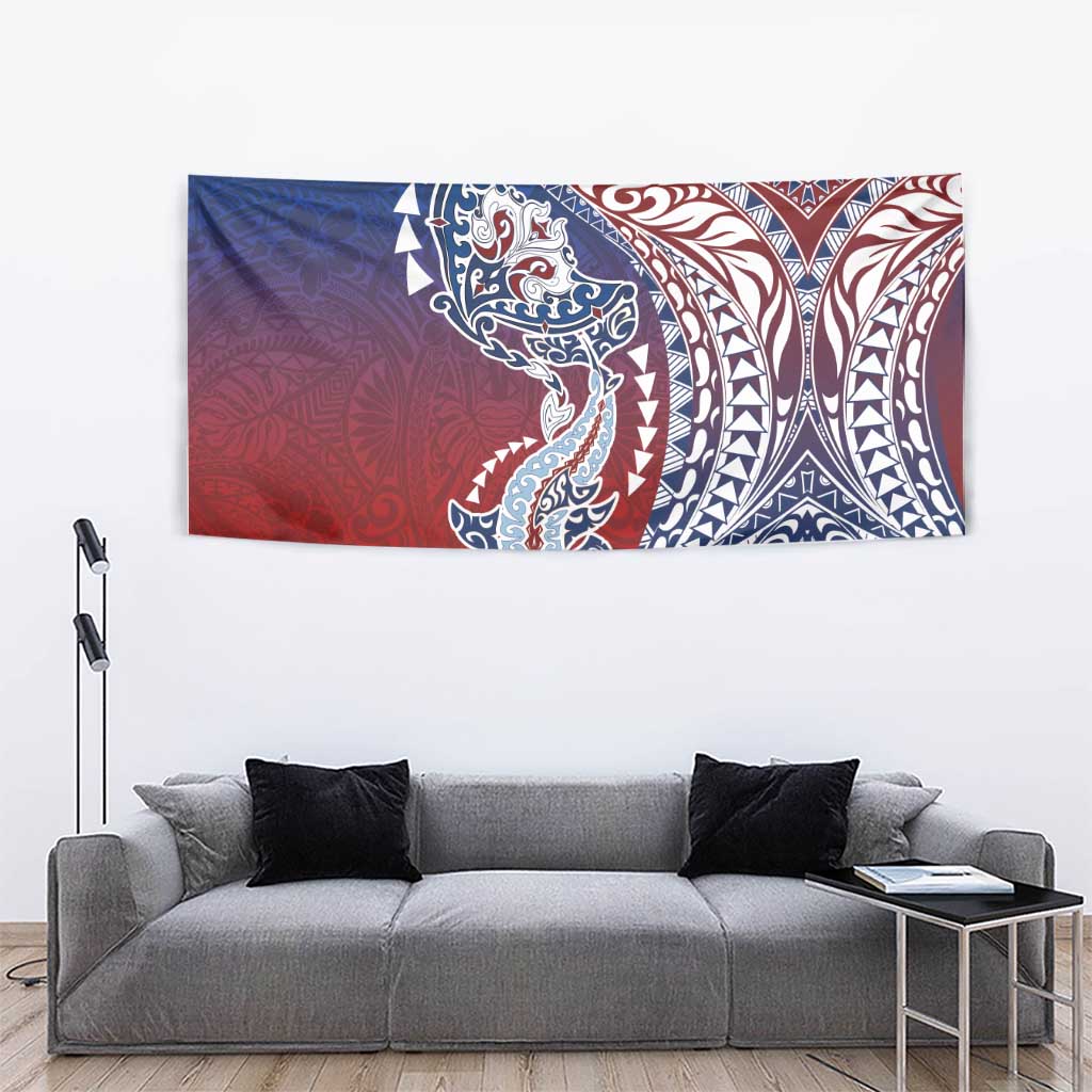 Hawaiian Manta Ray and Hammerhead Shark Tribal Tattoo Tapestry with Polynesian Tribal Pattern Hawaii Flag Color