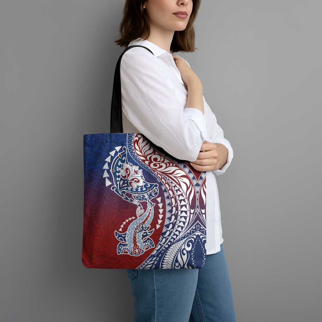 Hawaiian Manta Ray and Hammerhead Shark Tribal Tattoo Tote Bag with Polynesian Tribal Pattern Hawaii Flag Color