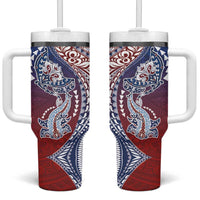 Hawaiian Manta Ray and Hammerhead Shark Tribal Tattoo Tumbler With Handle with Polynesian Tribal Pattern Hawaii Flag Color