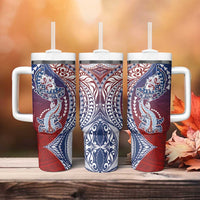 Hawaiian Manta Ray and Hammerhead Shark Tribal Tattoo Tumbler With Handle with Polynesian Tribal Pattern Hawaii Flag Color