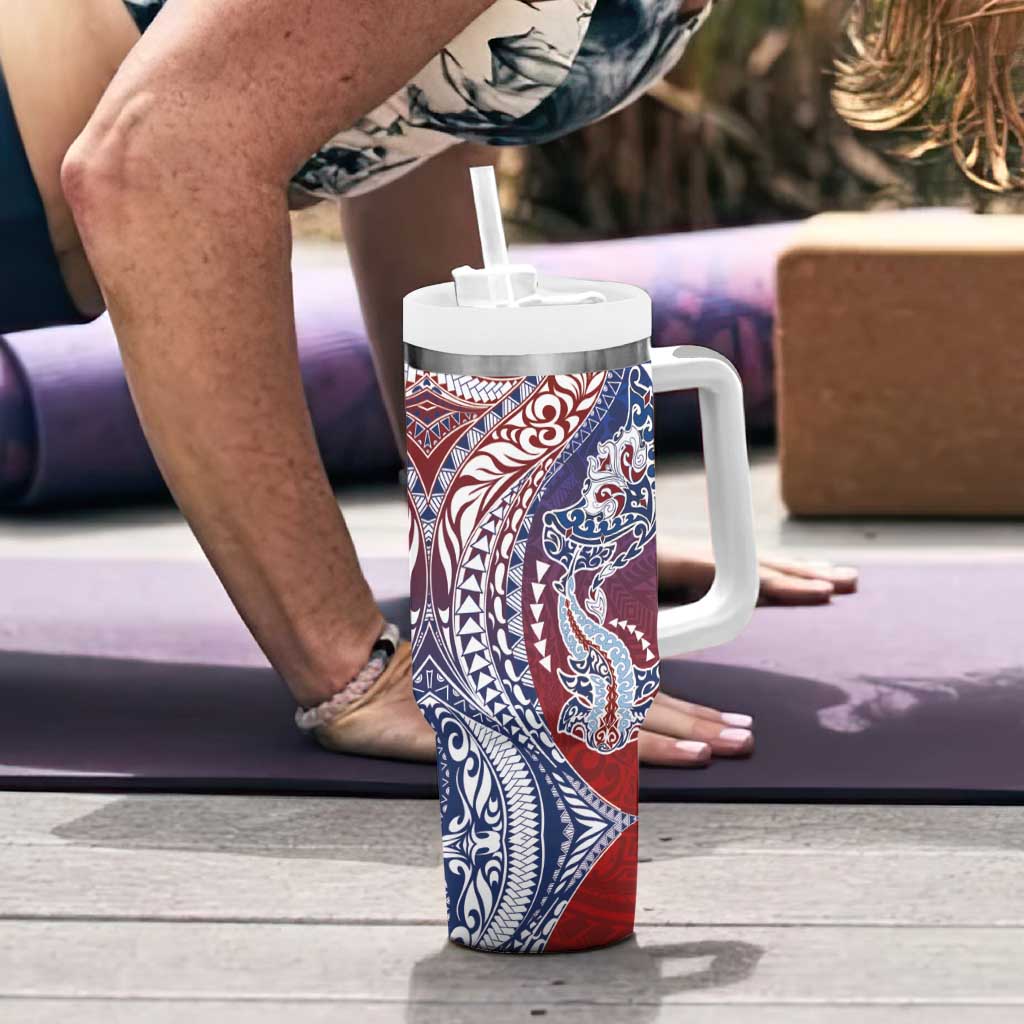 Hawaiian Manta Ray and Hammerhead Shark Tribal Tattoo Tumbler With Handle with Polynesian Tribal Pattern Hawaii Flag Color