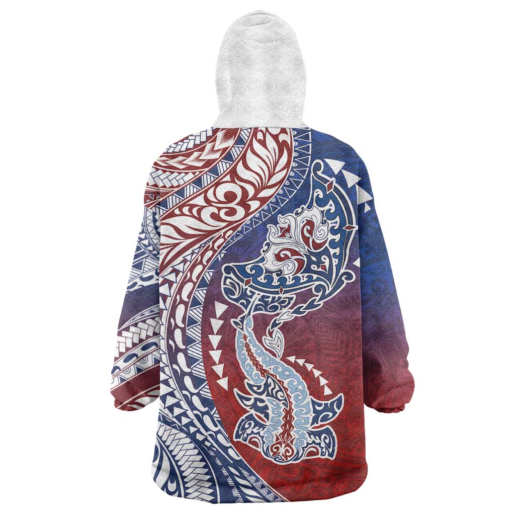 Hawaiian Manta Ray and Hammerhead Shark Tribal Tattoo Wearable Blanket Hoodie with Polynesian Tribal Pattern Hawaii Flag Color