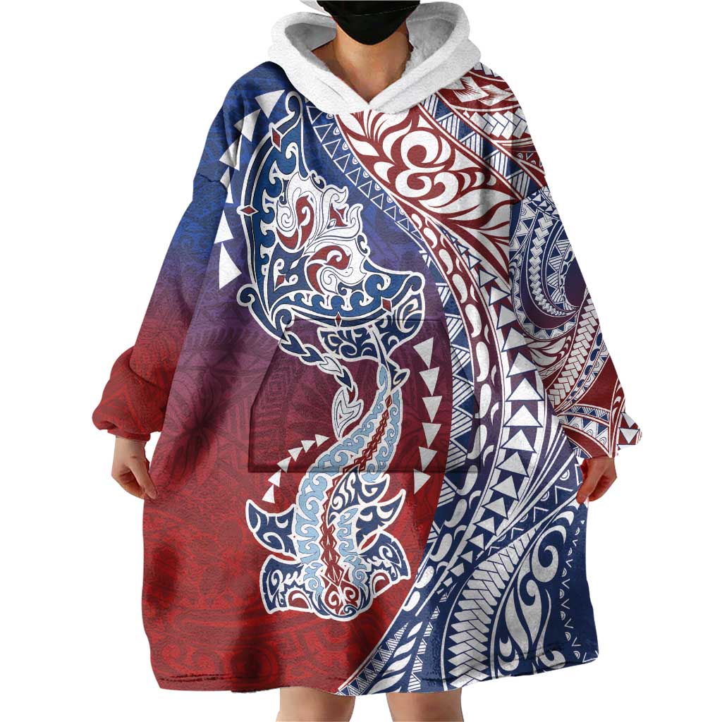 Hawaiian Manta Ray and Hammerhead Shark Tribal Tattoo Wearable Blanket Hoodie with Polynesian Tribal Pattern Hawaii Flag Color