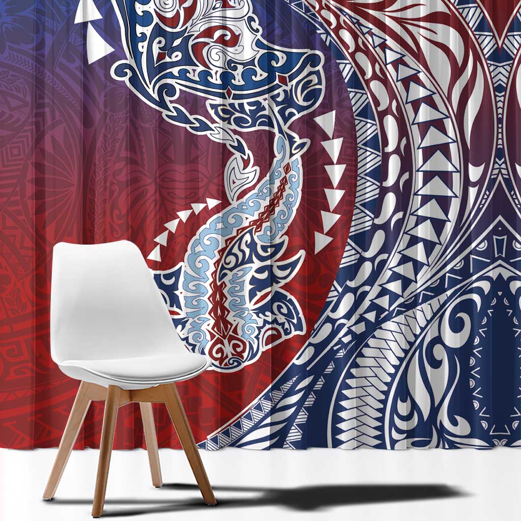 Hawaiian Manta Ray and Hammerhead Shark Tribal Tattoo Window Curtain with Polynesian Tribal Pattern Hawaii Flag Color