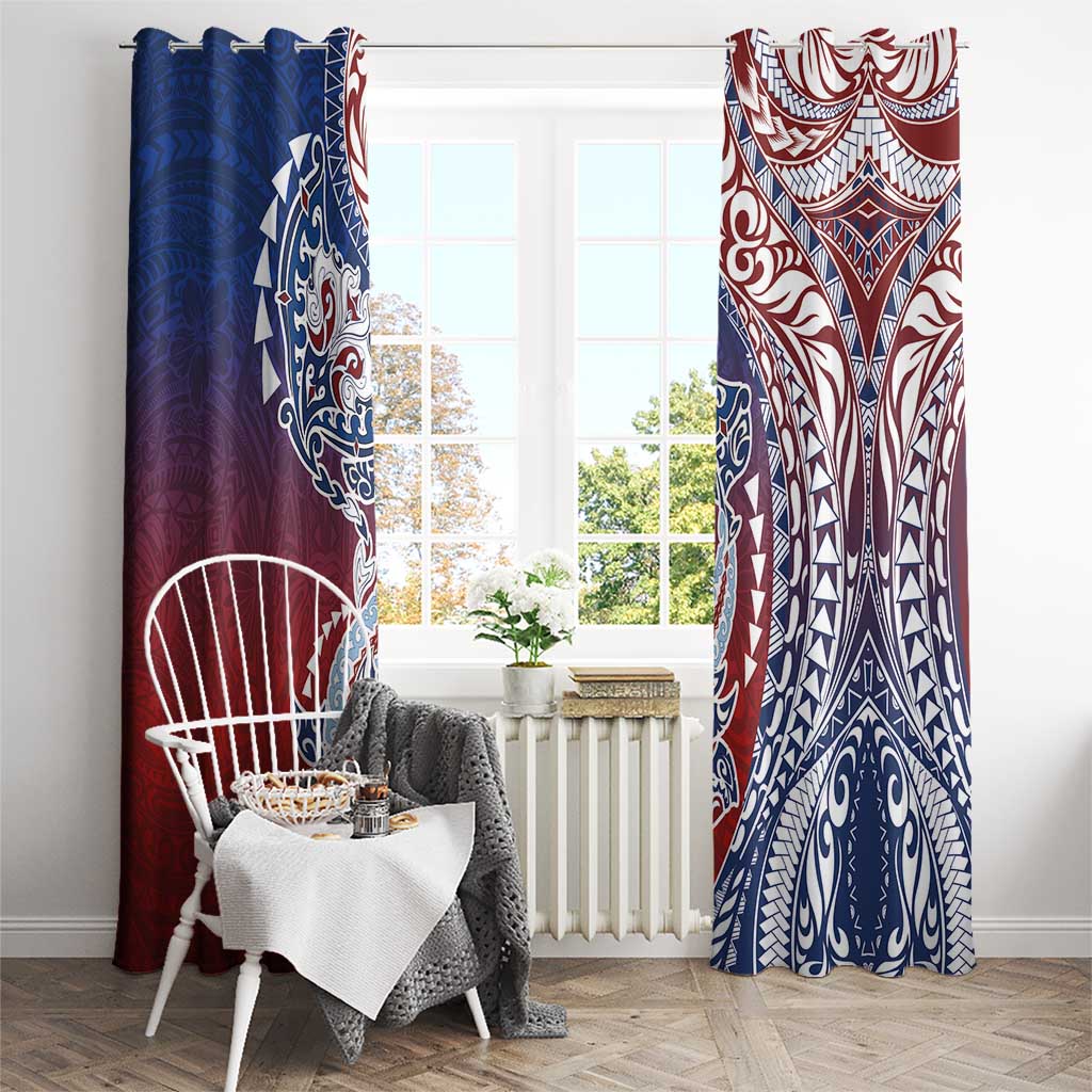 Hawaiian Manta Ray and Hammerhead Shark Tribal Tattoo Window Curtain with Polynesian Tribal Pattern Hawaii Flag Color
