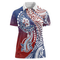 Hawaiian Manta Ray and Hammerhead Shark Tribal Tattoo Women Polo Shirt with Polynesian Tribal Pattern Hawaii Flag Color
