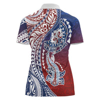 Hawaiian Manta Ray and Hammerhead Shark Tribal Tattoo Women Polo Shirt with Polynesian Tribal Pattern Hawaii Flag Color