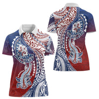 Hawaiian Manta Ray and Hammerhead Shark Tribal Tattoo Women Polo Shirt with Polynesian Tribal Pattern Hawaii Flag Color