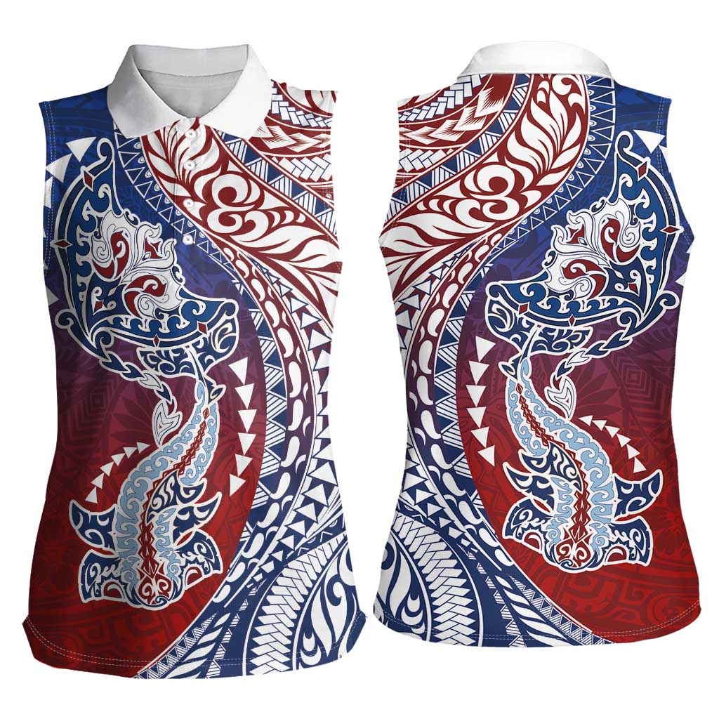 Hawaiian Manta Ray and Hammerhead Shark Tribal Tattoo Women Sleeveless Polo Shirt with Polynesian Tribal Pattern Hawaii Flag Color