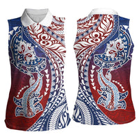 Hawaiian Manta Ray and Hammerhead Shark Tribal Tattoo Women Sleeveless Polo Shirt with Polynesian Tribal Pattern Hawaii Flag Color