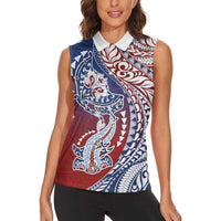 Hawaiian Manta Ray and Hammerhead Shark Tribal Tattoo Women Sleeveless Polo Shirt with Polynesian Tribal Pattern Hawaii Flag Color