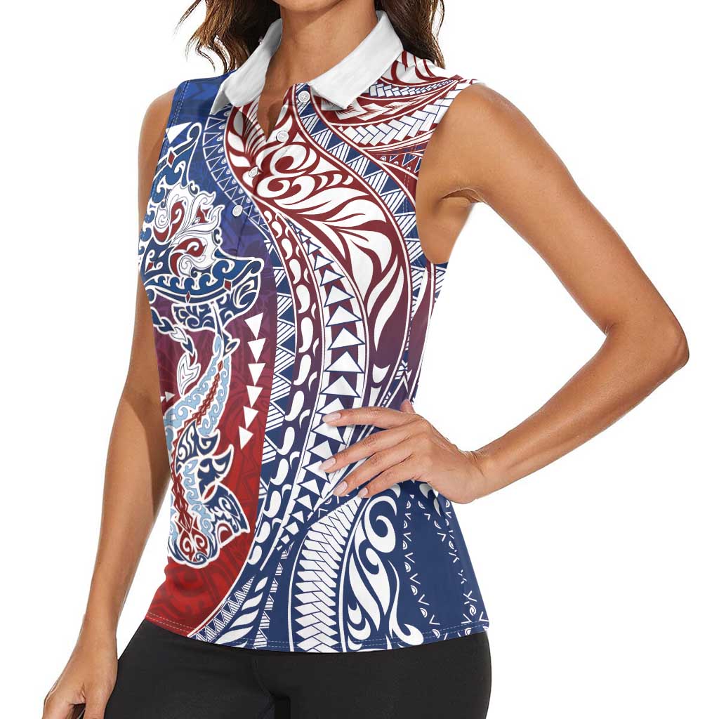 Hawaiian Manta Ray and Hammerhead Shark Tribal Tattoo Women Sleeveless Polo Shirt with Polynesian Tribal Pattern Hawaii Flag Color