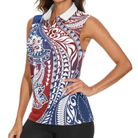 Hawaiian Manta Ray and Hammerhead Shark Tribal Tattoo Women Sleeveless Polo Shirt with Polynesian Tribal Pattern Hawaii Flag Color
