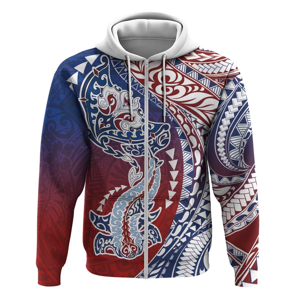 Hawaiian Manta Ray and Hammerhead Shark Tribal Tattoo Zip Hoodie with Polynesian Tribal Pattern Hawaii Flag Color