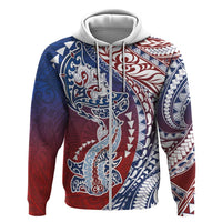 Hawaiian Manta Ray and Hammerhead Shark Tribal Tattoo Zip Hoodie with Polynesian Tribal Pattern Hawaii Flag Color