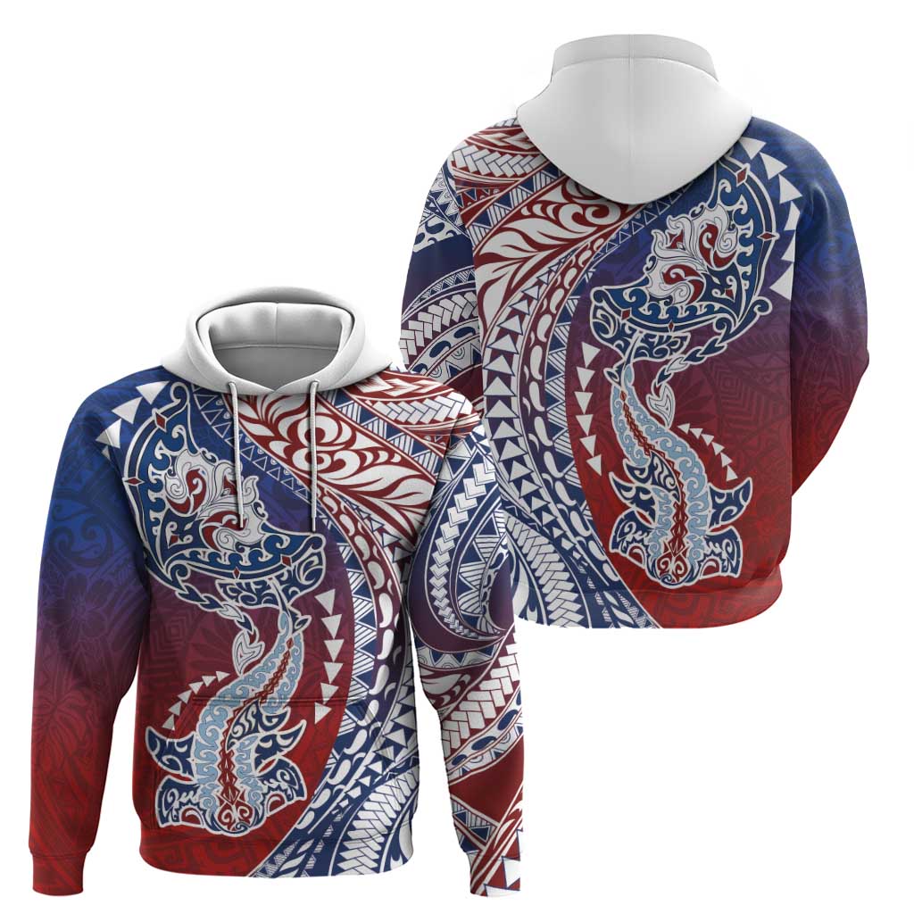 Hawaiian Manta Ray and Hammerhead Shark Tribal Tattoo Zip Hoodie with Polynesian Tribal Pattern Hawaii Flag Color