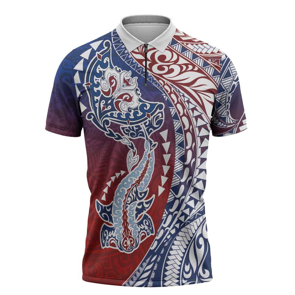 Hawaiian Manta Ray and Hammerhead Shark Tribal Tattoo Zipper Polo Shirt with Polynesian Tribal Pattern Hawaii Flag Color