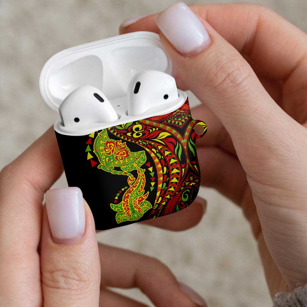 Hawaiian Manta Ray and Hammerhead Shark Tribal Tattoo AirPods Case with Polynesian Tribal Pattern Kanaka Maoli Flag Color