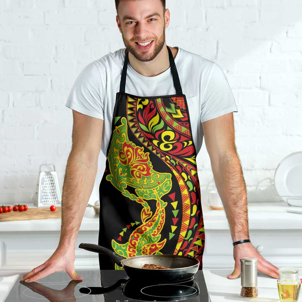 Hawaiian Manta Ray and Hammerhead Shark Tribal Tattoo Apron with Polynesian Tribal Pattern Kanaka Maoli Flag Color