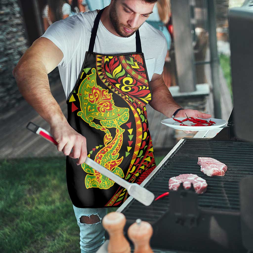 Hawaiian Manta Ray and Hammerhead Shark Tribal Tattoo Apron with Polynesian Tribal Pattern Kanaka Maoli Flag Color