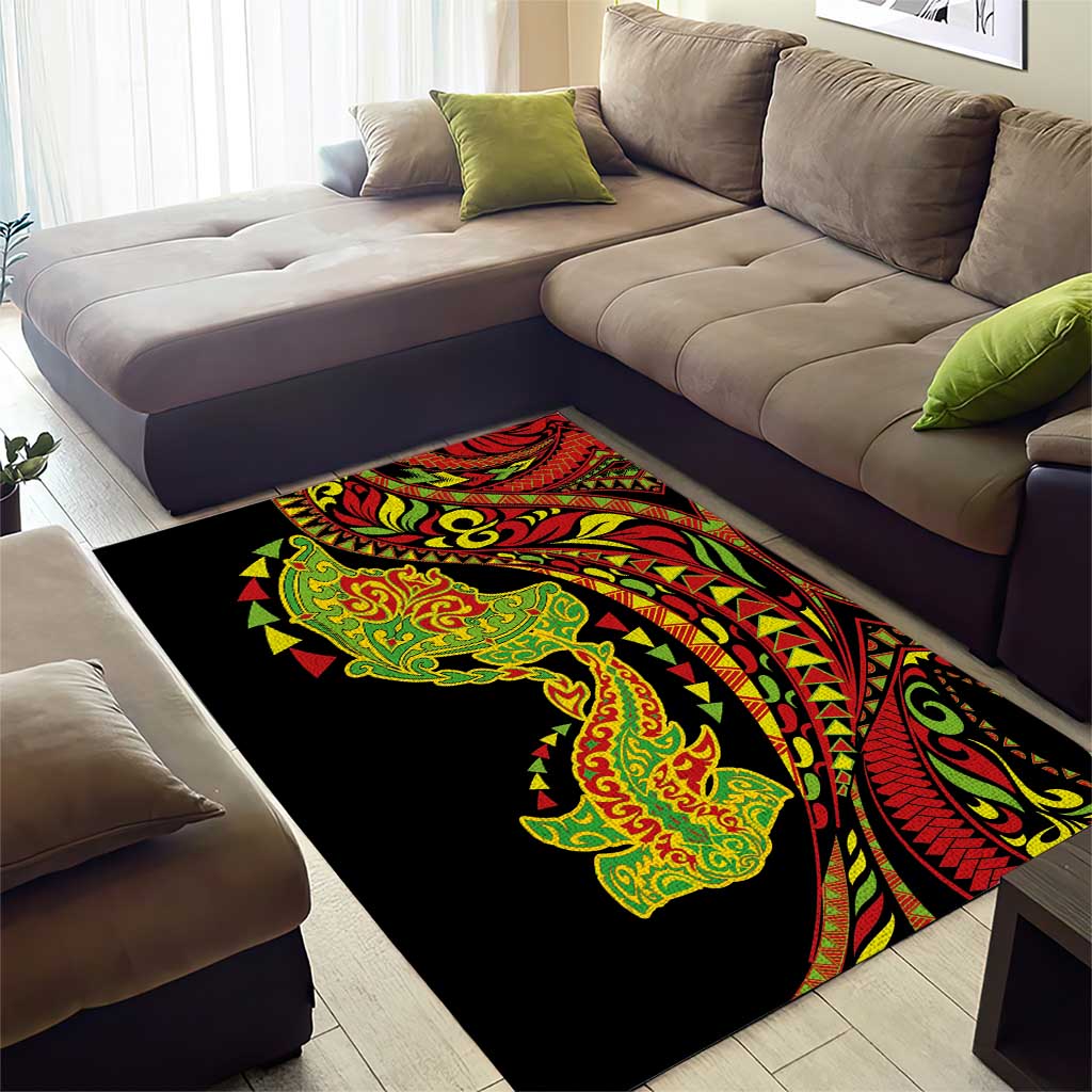 Hawaiian Manta Ray and Hammerhead Shark Tribal Tattoo Area Rug with Polynesian Tribal Pattern Kanaka Maoli Flag Color