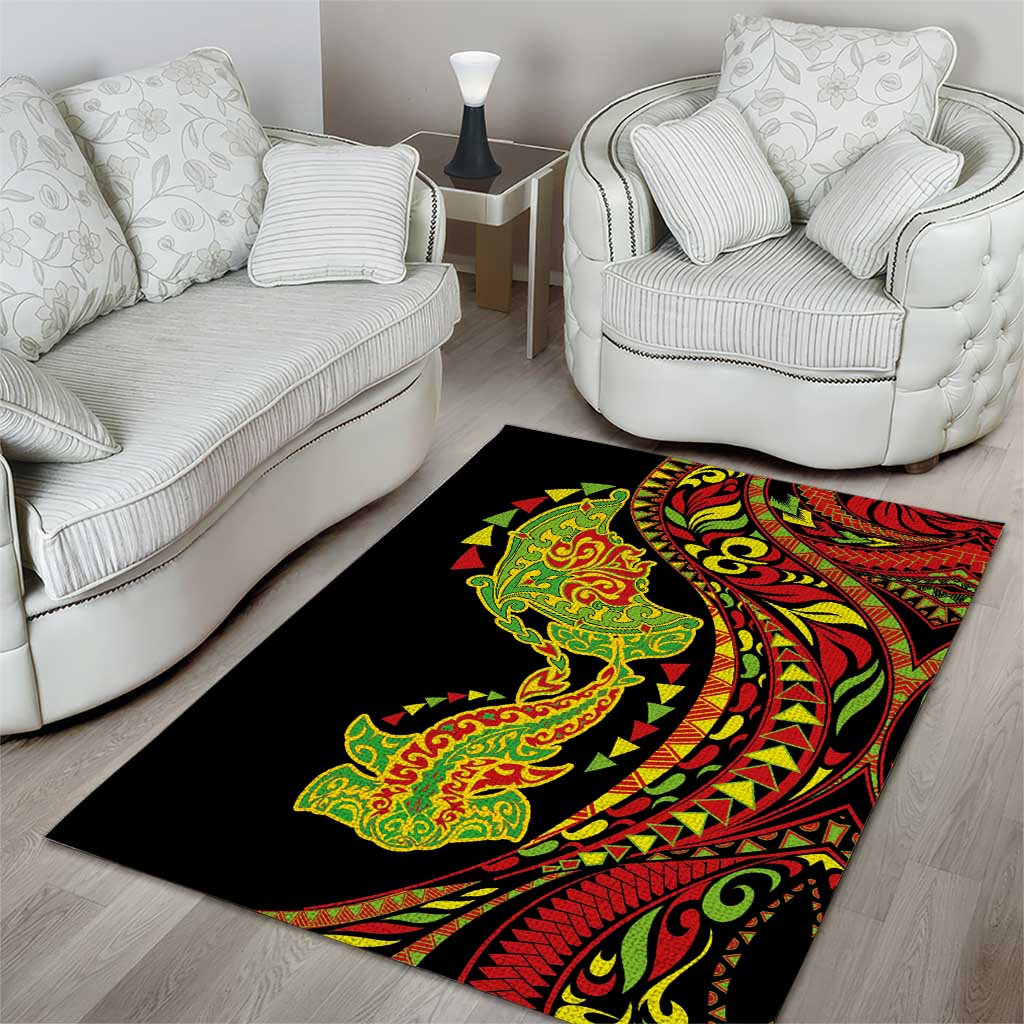 Hawaiian Manta Ray and Hammerhead Shark Tribal Tattoo Area Rug with Polynesian Tribal Pattern Kanaka Maoli Flag Color