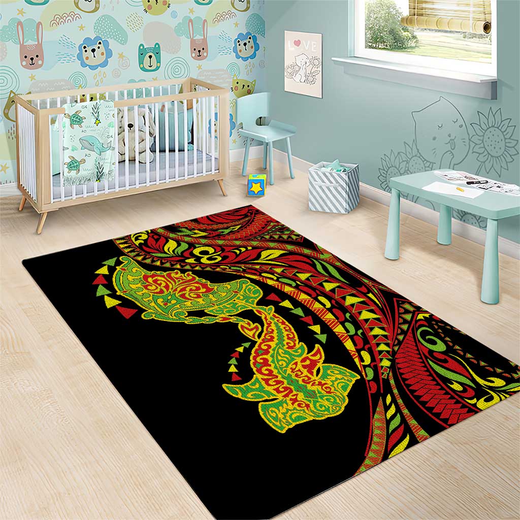 Hawaiian Manta Ray and Hammerhead Shark Tribal Tattoo Area Rug with Polynesian Tribal Pattern Kanaka Maoli Flag Color
