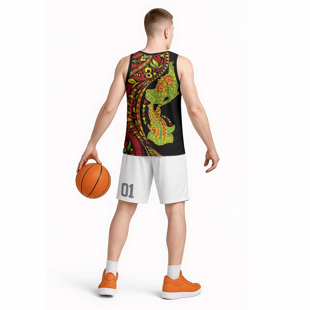 Hawaiian Manta Ray and Hammerhead Shark Tribal Tattoo Basketball Jersey with Polynesian Tribal Pattern Kanaka Maoli Flag Color