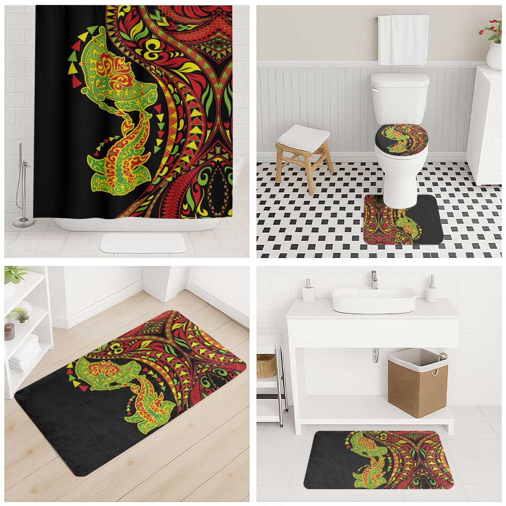 Hawaiian Manta Ray and Hammerhead Shark Tribal Tattoo Bathroom Set with Polynesian Tribal Pattern Kanaka Maoli Flag Color