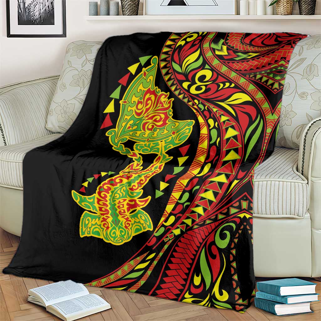 Hawaiian Manta Ray and Hammerhead Shark Tribal Tattoo Blanket with Polynesian Tribal Pattern Kanaka Maoli Flag Color