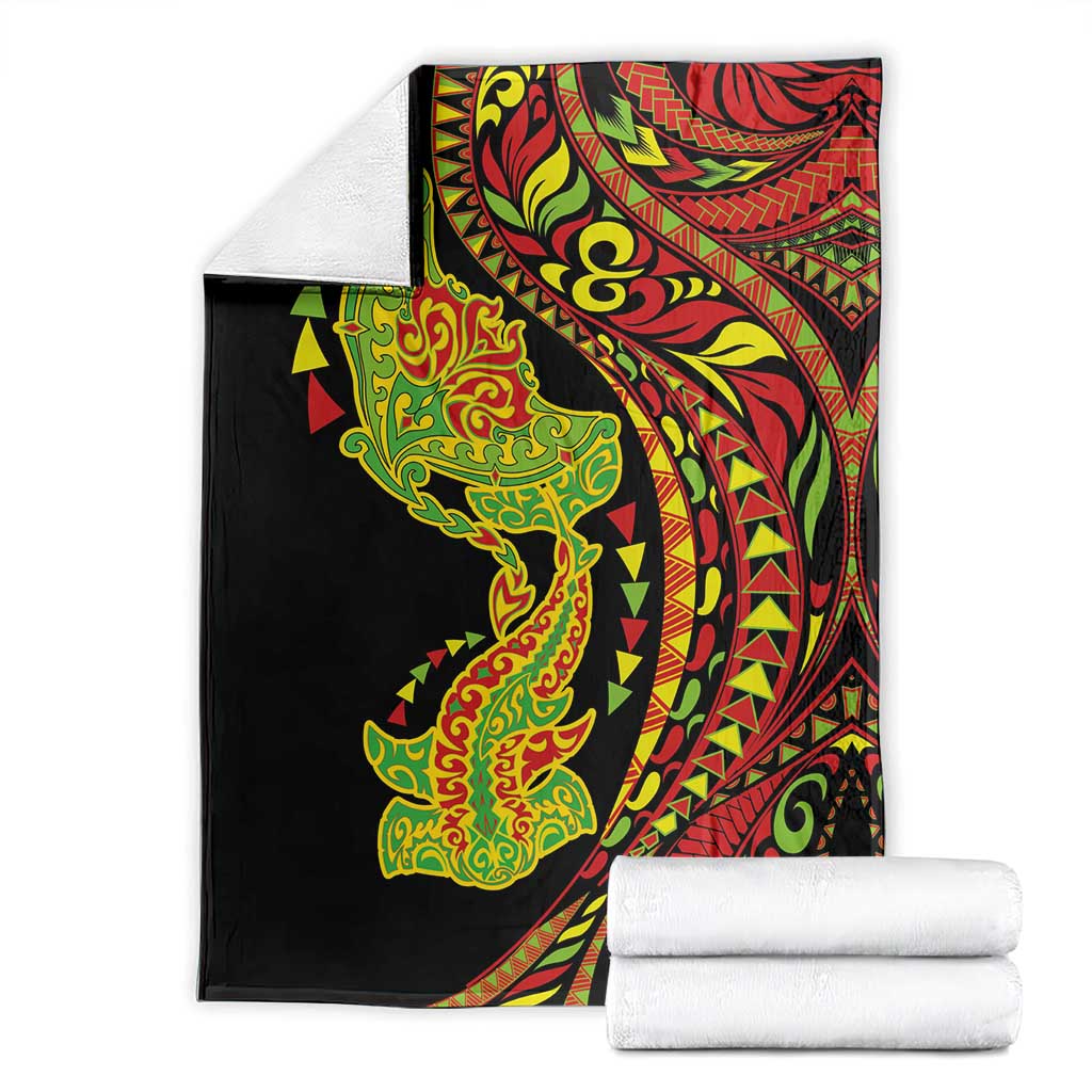 Hawaiian Manta Ray and Hammerhead Shark Tribal Tattoo Blanket with Polynesian Tribal Pattern Kanaka Maoli Flag Color