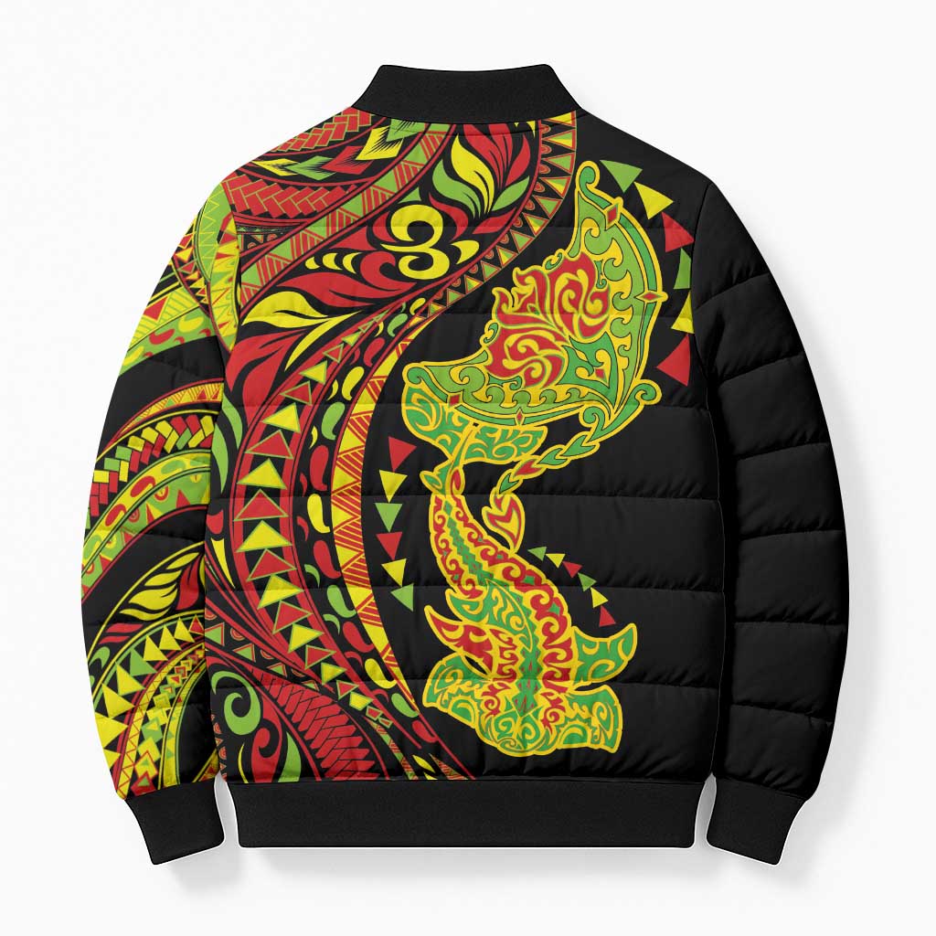 Hawaiian Manta Ray and Hammerhead Shark Tribal Tattoo Bomber Puffer Jacket with Polynesian Tribal Pattern Kanaka Maoli Flag Color