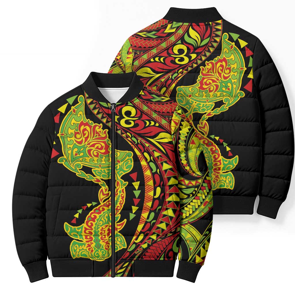 Hawaiian Manta Ray and Hammerhead Shark Tribal Tattoo Bomber Puffer Jacket with Polynesian Tribal Pattern Kanaka Maoli Flag Color