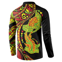 Hawaiian Manta Ray and Hammerhead Shark Tribal Tattoo Button Sweatshirt with Polynesian Tribal Pattern Kanaka Maoli Flag Color