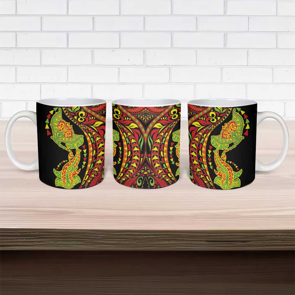 Hawaiian Manta Ray and Hammerhead Shark Tribal Tattoo Ceramic Mug with Polynesian Tribal Pattern Kanaka Maoli Flag Color
