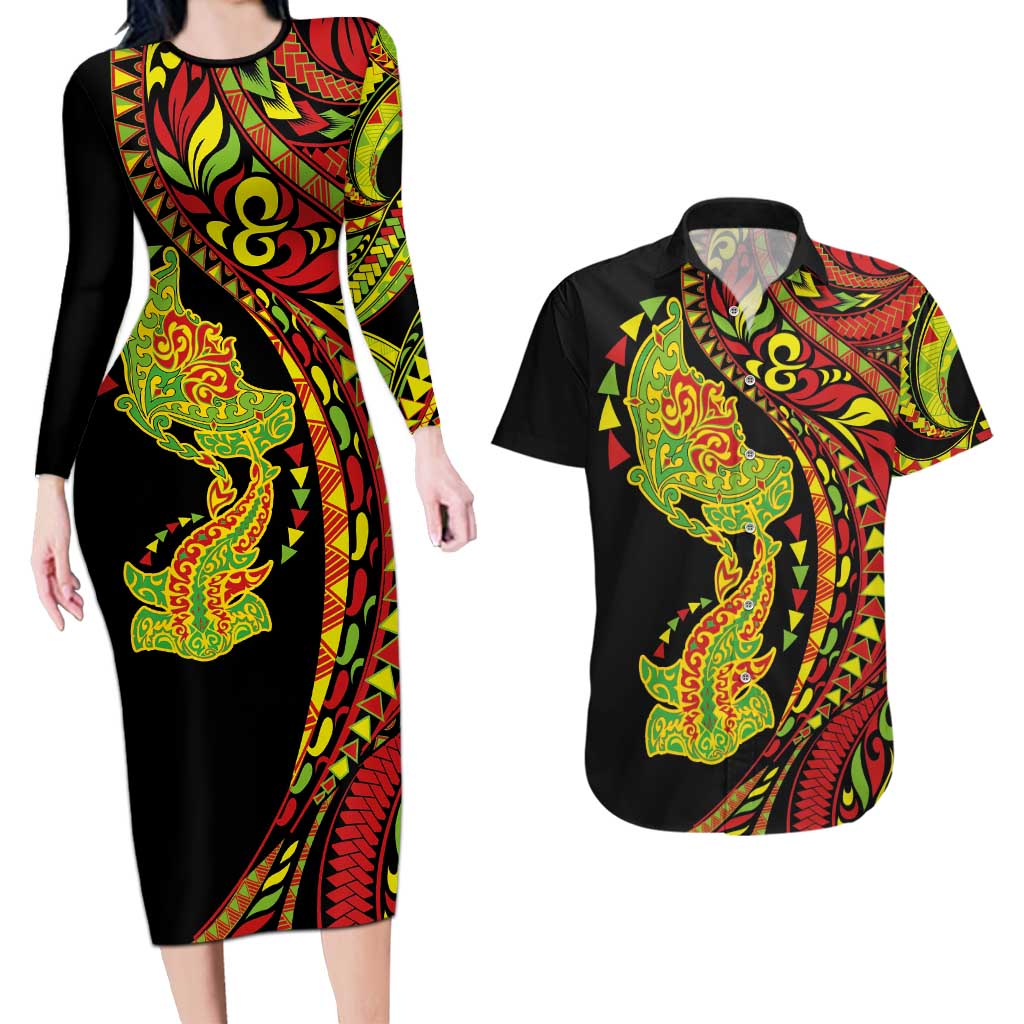 Hawaiian Manta Ray and Hammerhead Shark Tribal Tattoo Couples Matching Long Sleeve Bodycon Dress and Hawaiian Shirt with Polynesian Tribal Pattern Kanaka Maoli Flag Color