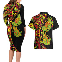 Hawaiian Manta Ray and Hammerhead Shark Tribal Tattoo Couples Matching Long Sleeve Bodycon Dress and Hawaiian Shirt with Polynesian Tribal Pattern Kanaka Maoli Flag Color