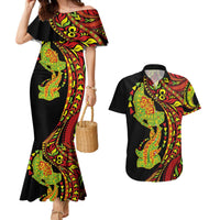 Hawaiian Manta Ray and Hammerhead Shark Tribal Tattoo Couples Matching Mermaid Dress and Hawaiian Shirt with Polynesian Tribal Pattern Kanaka Maoli Flag Color