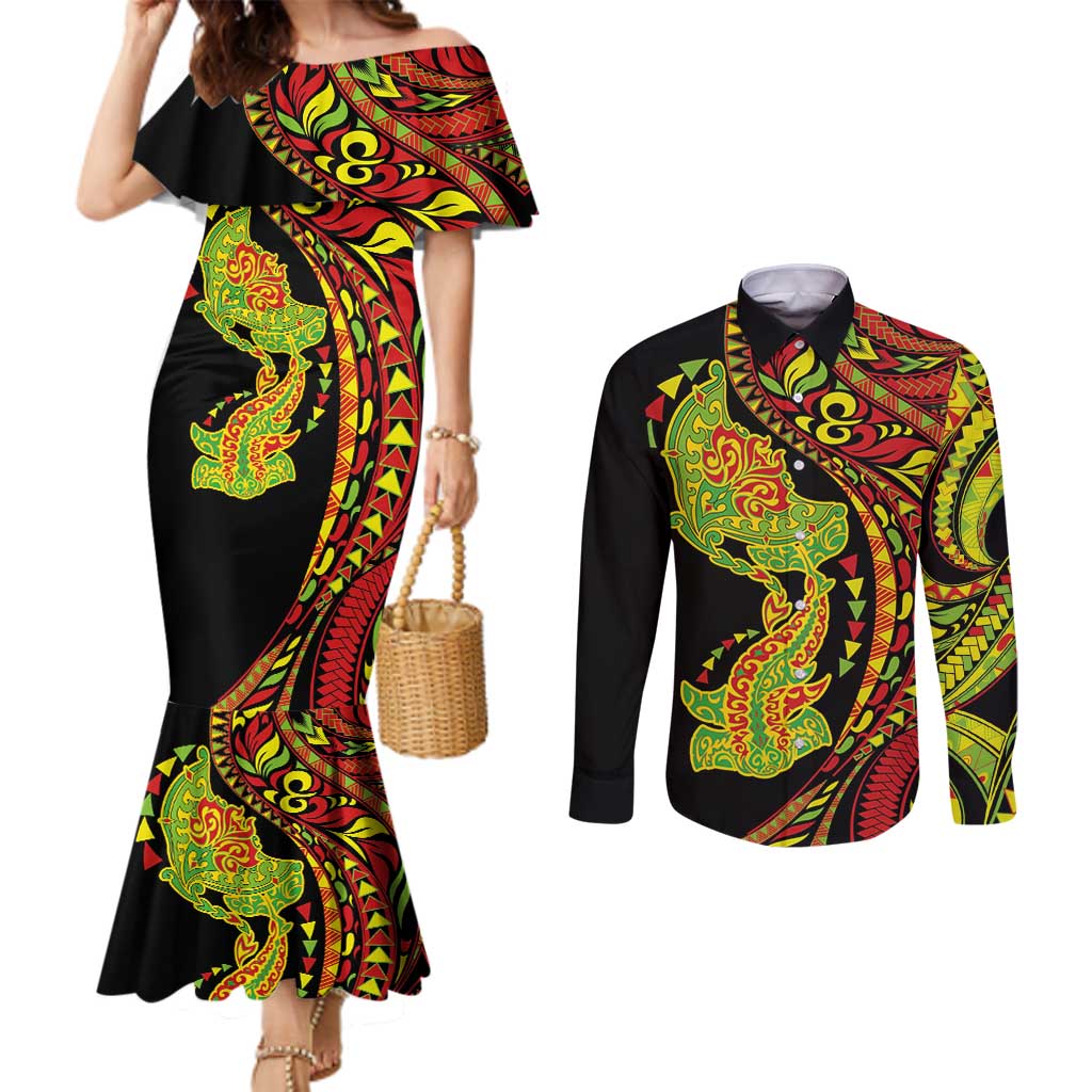 Hawaiian Manta Ray and Hammerhead Shark Tribal Tattoo Couples Matching Mermaid Dress and Long Sleeve Button Shirt with Polynesian Tribal Pattern Kanaka Maoli Flag Color