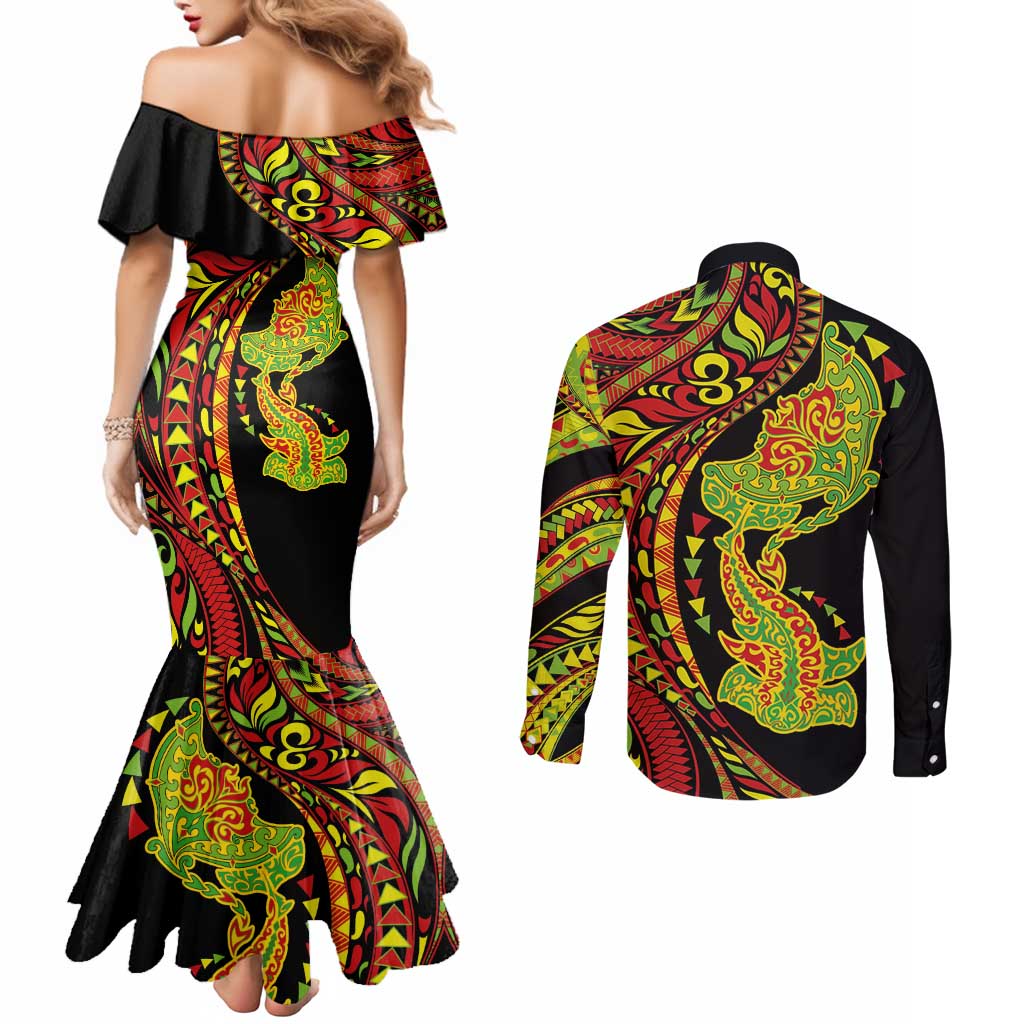 Hawaiian Manta Ray and Hammerhead Shark Tribal Tattoo Couples Matching Mermaid Dress and Long Sleeve Button Shirt with Polynesian Tribal Pattern Kanaka Maoli Flag Color